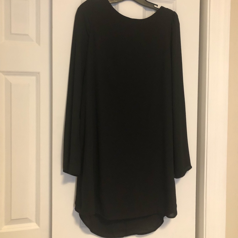 Fringe back black dress